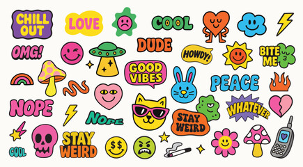 A chill vector sticker pack with laid‑back phrases, mushrooms, bunnies, hearts, and a retro UFO