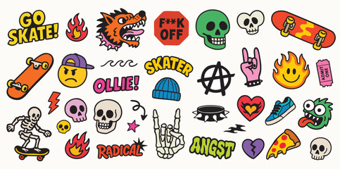 A vector collection of skate‑punk stickers featuring skulls, skateboards, flames, and rebellious slogans.