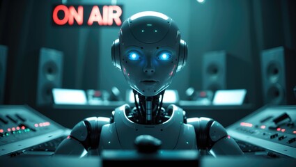 Humanoid AI robot operating in the studio for entertainment and broadcasting
