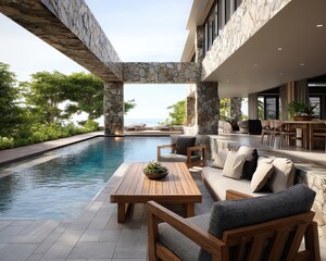 Obraz premium Minimal Scenic Living Luxurious modern villa with pool and scenic view. Explore the Beauty of Minimal Scenic Living with Calm Spaces