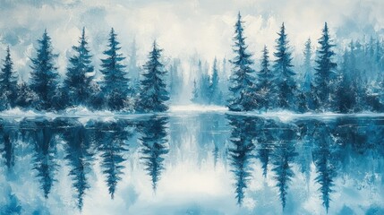 Obraz premium Reflection of pine trees in a winter lake