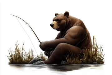 a 2D cartoon illustration of a bear fishing in a river, wild and natural, white background