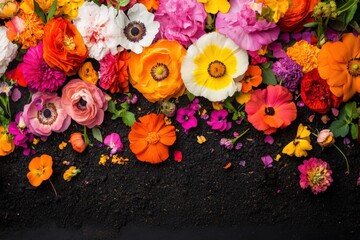 Obraz premium Colorful fallen flowers scattered across dark soil creating a vibrant natural display