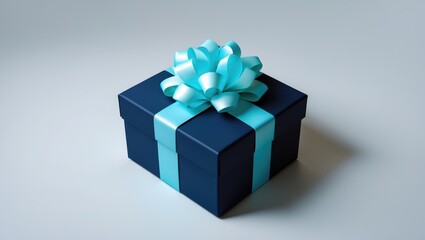 Obraz premium Elegant dark blue gift box with light blue ribbon and bow - top view - isolated on background