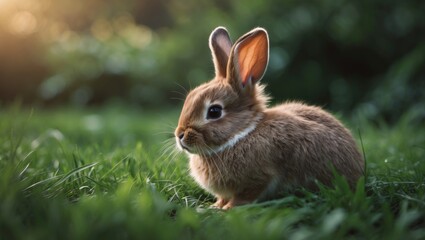Fototapeta premium Adorable furry bunny resting on lush green grass in an outdoor setting