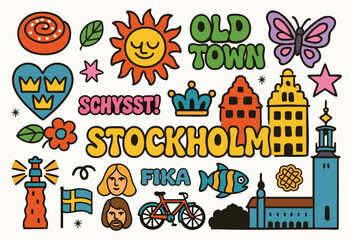Fototapeta premium A Stockholm‑inspired set featuring cinnamon buns, a Swedish fika theme, tre kronor crowns, Old Town architecture, City&nbsp;Hall, a bike, waffles, the Swedish flag