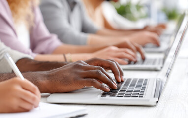 Close up of hands typing on laptops and writing notes, showcasing collaboration and focus in modern workspace