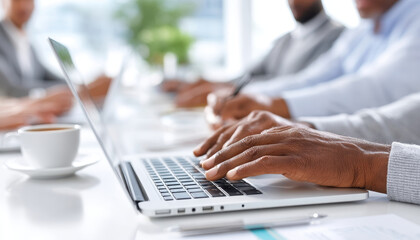 Close up of hands typing on laptop during meeting, showcasing collaboration and productivity in professional environment