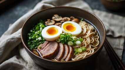 Delicious Japanese Pork Tonkotsu Ramen with Mushrooms, Egg, and Noodles