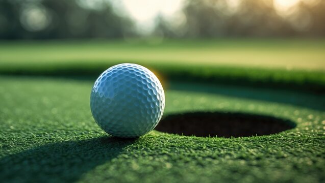 Golf ball on the green course at sunset with background sky and hole closeup
