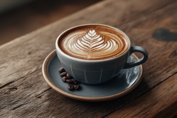 Obraz premium Enjoying a cozy morning with a close-up of latte art on a wooden table