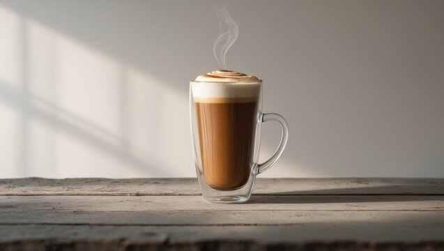Steaming latte coffee served in a transparent glass, a tasty hot latte beverage