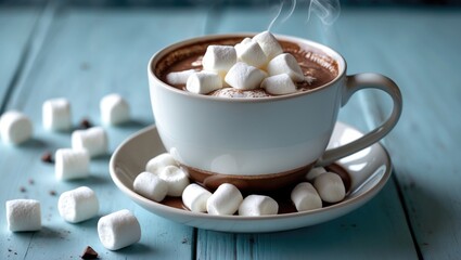 Warm white chocolate drink with marshmallows for holiday breakfast