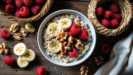 Fototapeta premium Healthy and tasty oatmeal topped with banana, raspberries, and nuts