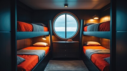 Fototapeta premium Inside a cozy living cabin featuring bunk beds and a window