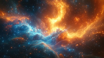 Fototapeta premium Stunning cosmic nebula illuminated by vibrant orange and blue hues, showcasing the beauty of the universe with shimmering stars
