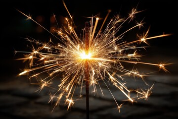 Macro shot of a sparkler firework glowing with golden light streaks during a festive celebration at night