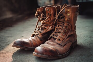 Worn leather boots resting on a dusty floor with a vintage tone and soft focus