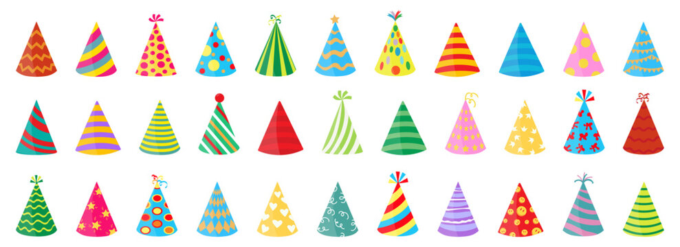 Party celebration cone hat collection. Set of party cone caps
