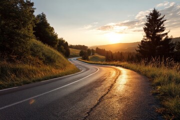 Fototapeta premium Scenic Winding Road at Sunset: Journey Through Golden Hills and Lush Greens