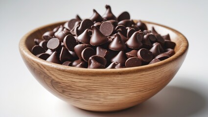 Obraz premium Bowl of chocolate chips with pear-shaped pieces and cocoa background