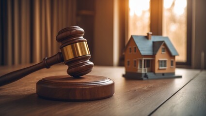 House model with hammer and judge gavel on wooden table illustrating foreclosure and bankruptcy concepts. Individual unable to meet debts or obligations.