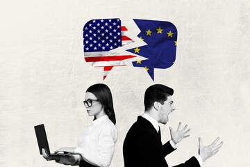 Sketch collage of young man lady hold laptop argue speech cloud cracked america europe conflict...