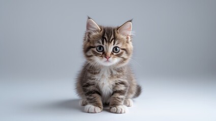 Adorable little fluffy brown cat sitting on a white background