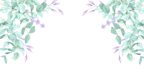 Elegant eucalyptus stems in watercolor form a botanical frame with green foliage. This clipart banner is for digital scrapbooking, branding elements, greeting cards, and elegant event invitations