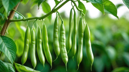 Bean plant featuring Hyacinth green beans (Lablab purpureus) with green leaves, showcasing botanical and horticultural aspects.