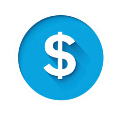 Obraz premium blue circular icon features prominent white dollar sign in center, symbolizing finance and currency. design is simple and modern, with shadow effect adding depth