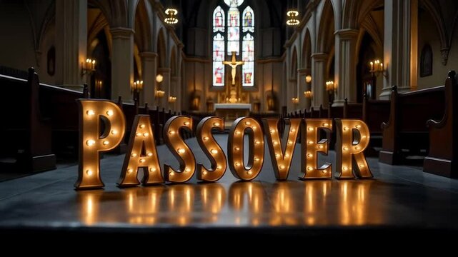 PASSOVER illuminated letters written set in a church with stained glass windows
