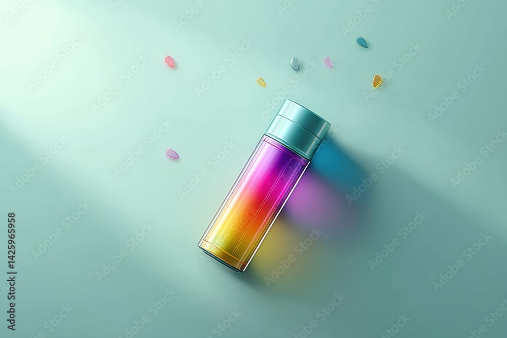 Poster rainbow-colored inhaler floats gracefully against a mint green background bathed in soft light while
