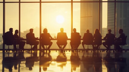 Strategic horizon silhouettes: Business team meeting at golden sunset office