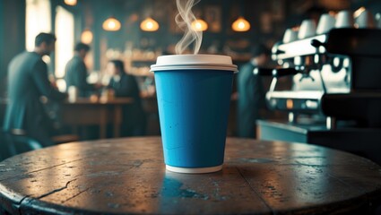 Close-up of a blue blank paper coffee cup with white plastic lid on a round wooden table, with a blurred espresso machine in the background. Copy space. Soft focus. Hot beverages