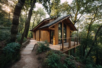 Cozy cabin nestled in the forest offers sustainable accommodation in a tranquil setting