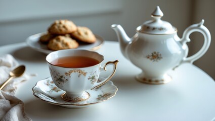 Fototapeta premium Vintage wooden table with white cup of tea, scone, and teapot for traditional British breakfast