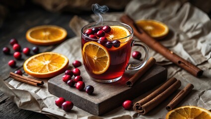 Warm tea with orange and cranberry served on a wooden board