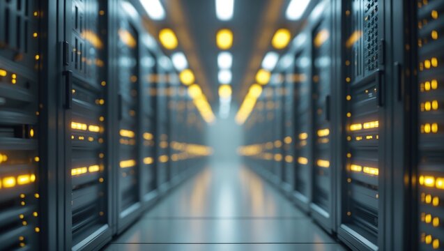 Futuristic panoramic view of a high-tech data center featuring sleek server cabinets and blinking lights for innovative design.