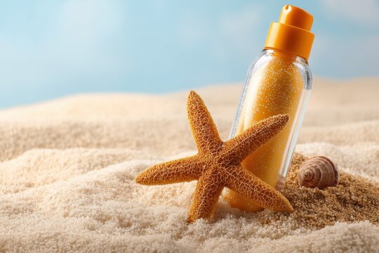 Sunscreen bottle surrounded by starfish and sand evokes tropical beach vacation vibes
