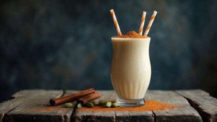 Creamy dairy smoothie garnished with cinnamon and colorful swirl straws in a large glass