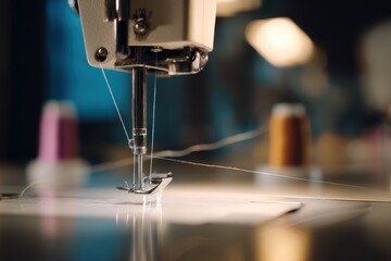 Close-up view of sewing machine needle and thread in a textile workshop filled with creative energy and craftsmanship