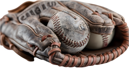 Baseball glove holding a baseball, soft leather texture, isolated on white background