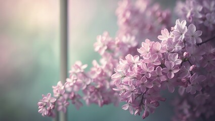 Obraz premium Horizontal floral background featuring light pink lilac blooming flowers with a close-up, softly focused design