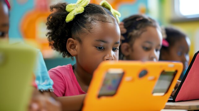 Focused young students diligently work on tablets in a vibrant classroom.