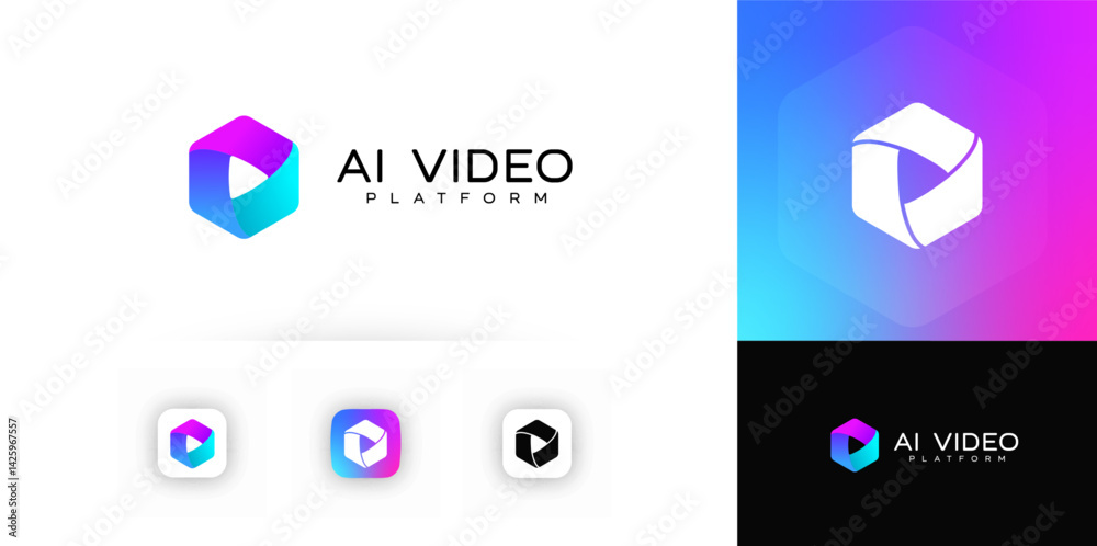 Poster AI Video Platform Logo With Gradient Play Symbol In 3D Hexagon Shape, Futuristic Design For Tech And Media Brands. Vector logotype
