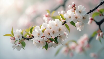 Obraz premium Close-up of a blooming Cherry Tree branch with white flowers and delicate petals against a soft-focus blurred background, highlighting the gentle beauty of the flowers