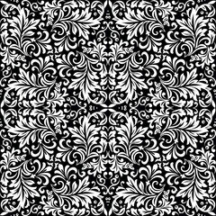 Wallpaper in the style of Baroque. White and black floral ornament. Seamless vector background. Graphic pattern for fabric, wallpaper, packaging. Ornate Damask flower illustration.