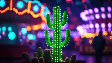Abstract holiday scene with illuminated cactus and energetic city street in a vibrant, colorful pattern