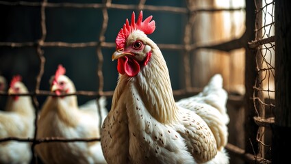 White-feathered chicken with red comb inside a wire mesh coop on a farm